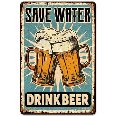 Cartello da parete in metallo vintage da 8x12 pollici "Bevi birra, risparmia acqua" con illustrazione di birra schiumosa, arte vintage blu e bianca, rustica, in ferro robusto, adatta per la grotta dell'uomo o il garage - regalo perfetto e design invecchiato