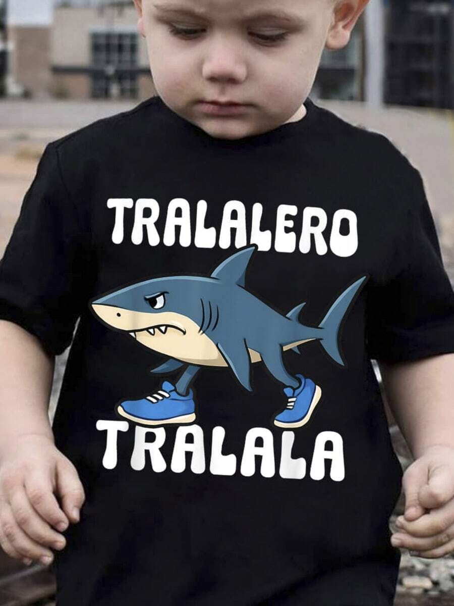 envío nacional  Tiburón, zapatillas, texto. ropa de niño disfraz halloween niño playeras de niño - Negro - Ver 1