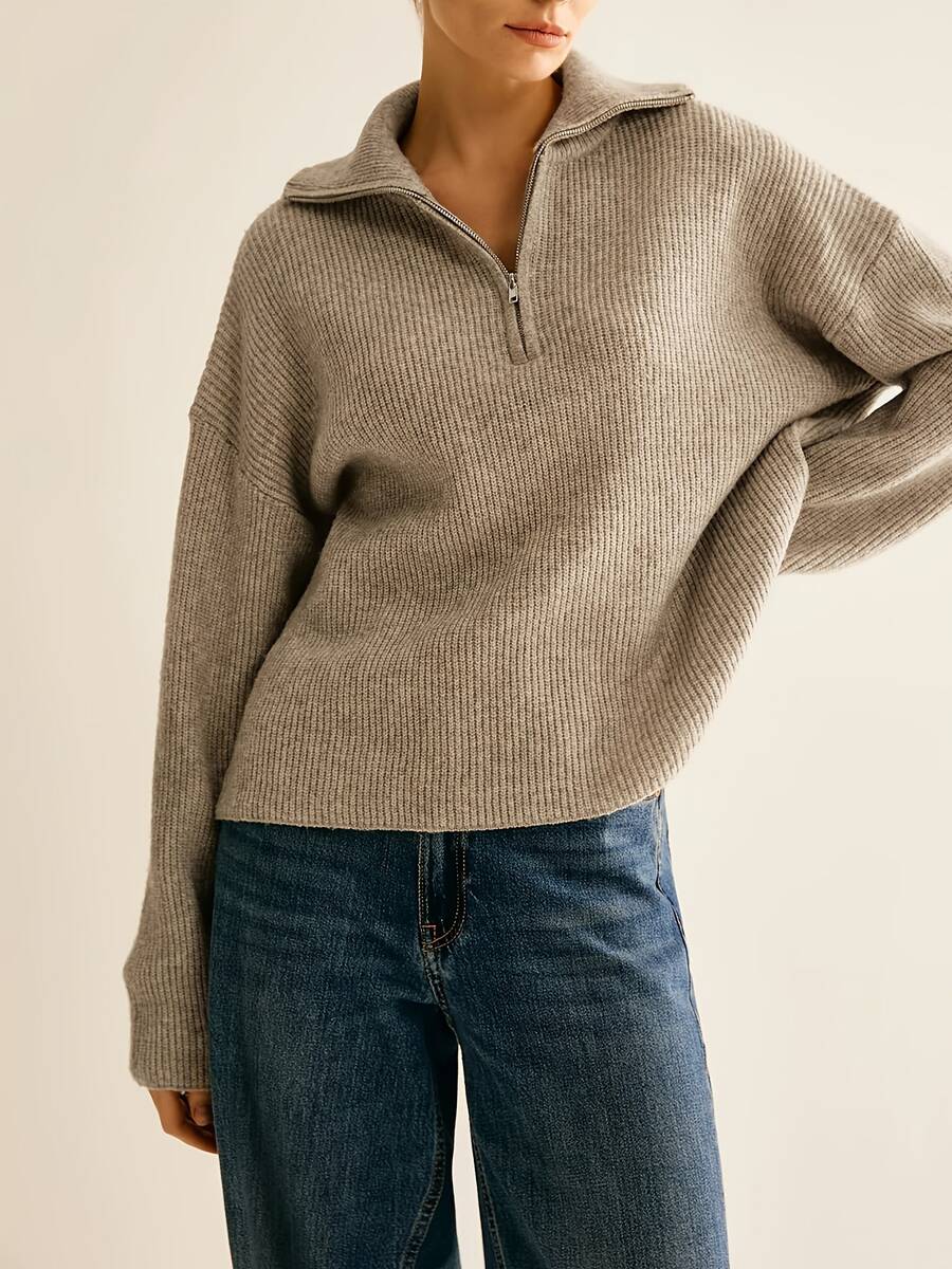 Autumn/Winter Women's Elegant Casual Knit Pullover, Solid Color Minimalist Sweater, Fashionable Commuter Half-Zip Collar Knit Top, Elegant Slouchy Style, Women's Streetwear - Camel - View 1