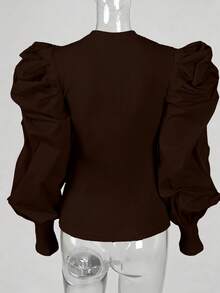 Women's Crew Neck Fitted Puff Sleeve Patchwork Tops Spring - Coffee Brown - View 4