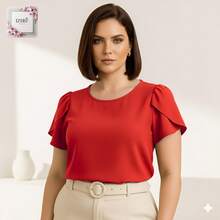 Women's Social Plus Size Blouse Elegant Short Sleeve Modern Duna Fabric GG G1 G2 G3 Summer Work - 紅色 - 查看 11