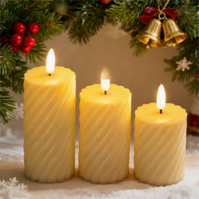 1 conjunto de velas elétricas com padrão espiral de Natal, textura espiral de luz quente, velas de Natal com material de cera de pedra falsa, estilo aconchegante de Natal, formato cilíndrico espiral amarelo quente, textura detalhada, para criar uma atmosfera festiva, adequado para decoração de Natal, festa de Natal, cenas natalinas em casa