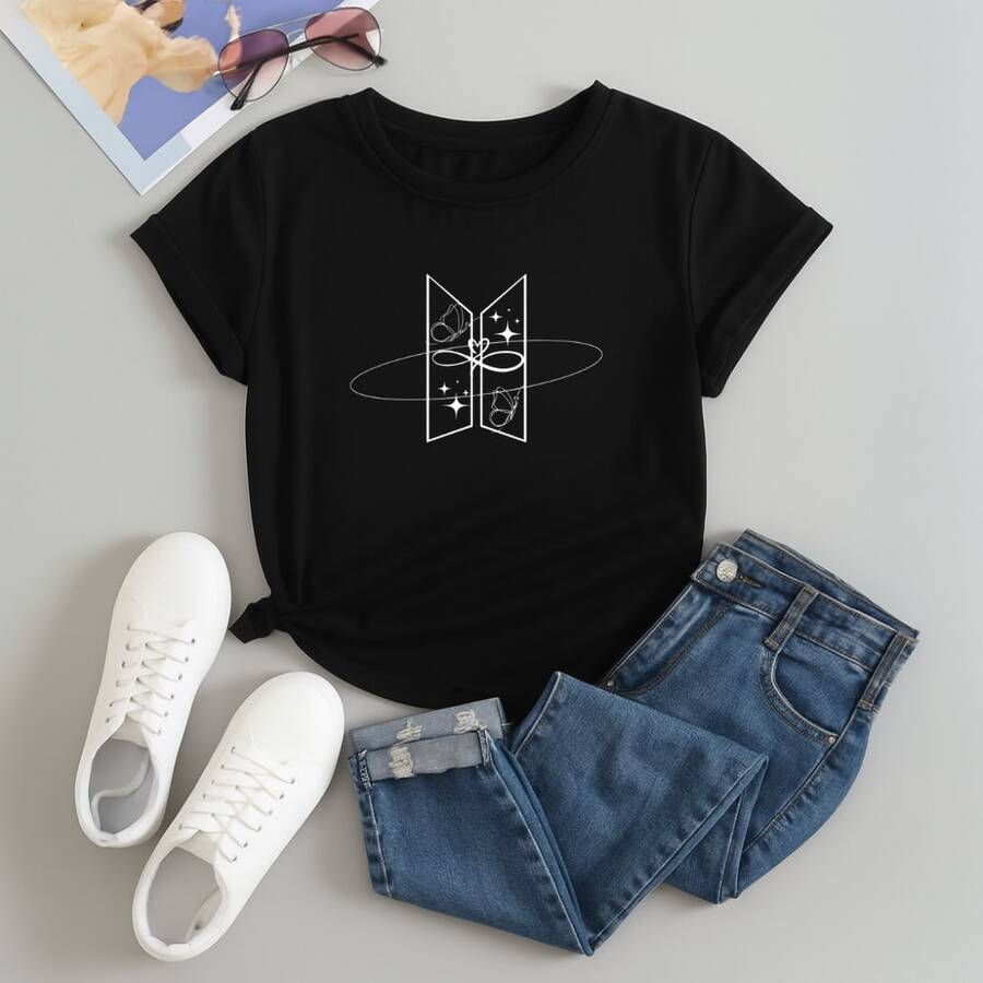 Btss Printed Cotton T-Shirt Saturn Ring Symbol Women's Round Neck Short Sleeve T-Shirt Premium Fabric Striped Band - 黑色 - 查看 1