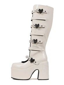 Y2k Style Women's Knee High Boot Solid Color  Buckle Round Toe Punk Motorcycle Nightclub Cosplay Shoes - White - View 5