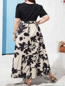 Vestido bohemio de verano de manga corta con volantes y cuello redondo para mujer Random Printed Ruffle Hemline Short Sleeve Summer Boho Dress With Round Neck Maxi Women Outfit Vestido Estampado De Cintura Alta, Moderno Y Elegante. Vestido corto elegante para mujer con cintura fruncida, sin mangas y con estampado de lunares, para primavera/verano - Negro - Ver 2