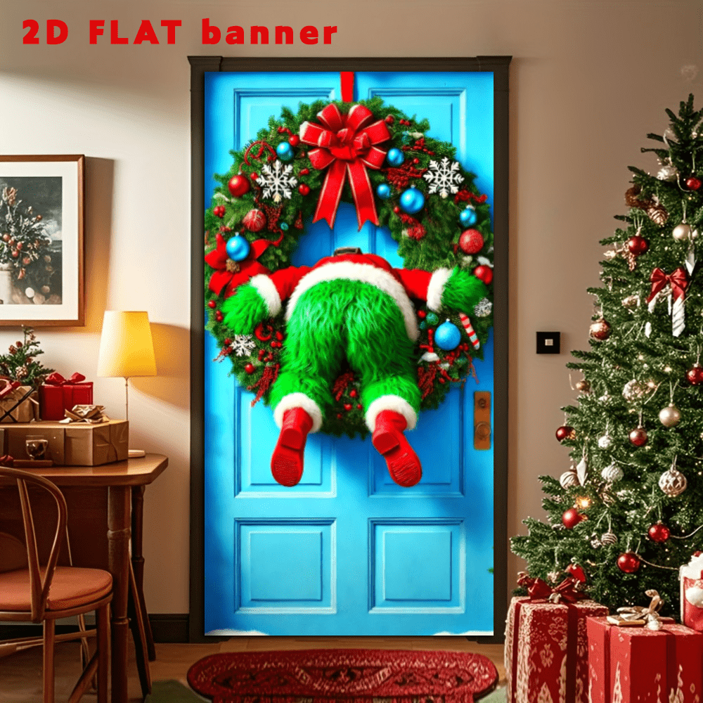 1 pièce, Couvre-porte de couronne de Noël, design festif, personnages verts en fourrure coincés dans la couronne, très adapté pour l'entrée, la pièce, décoration suspendue polyvalente
