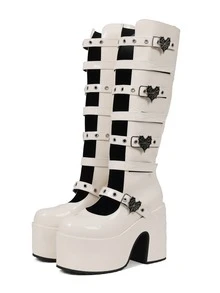 Y2k Style Women's Knee High Boot Solid Color  Buckle Round Toe Punk Motorcycle Nightclub Cosplay Shoes - White - View 4