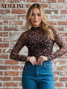 Long Sleeve Animal Print Tulle Blouse - Màu be - Xem 2