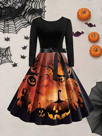 大码万圣节复古南瓜和骷髅印花圆领高腰拼接长袖喇叭裙配丝带