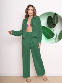 Beach Cover-Up Set, Long-Sleeved Shirt And Pants With Pocket On The Side - màu xanh lá - Xem 4