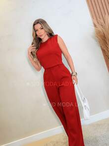 SJD MODA LADY Solid Tailored Set, Casual, Sleeveless Top And Palazzo Pants - Red - View 3