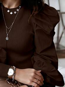 Women's Crew Neck Fitted Puff Sleeve Patchwork Tops Spring - Coffee Brown - View 2