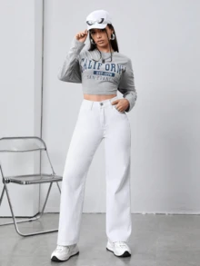 Vaqueros blanco de pierna ancha y elegantes para mujer, informales, con cremallera y bolsillos, largos y muy elásticos. - Blanco - Ver 5