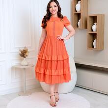 Women's Midi Chiffon Dress With Elegant Ruffle For Wedding Party - 橘色 - 查看 5