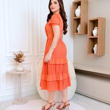 Women's Midi Chiffon Dress With Elegant Ruffle For Wedding Party - 橘色 - 查看 2