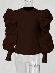 Women's Crew Neck Fitted Puff Sleeve Patchwork Tops Spring - Coffee Brown - View 5