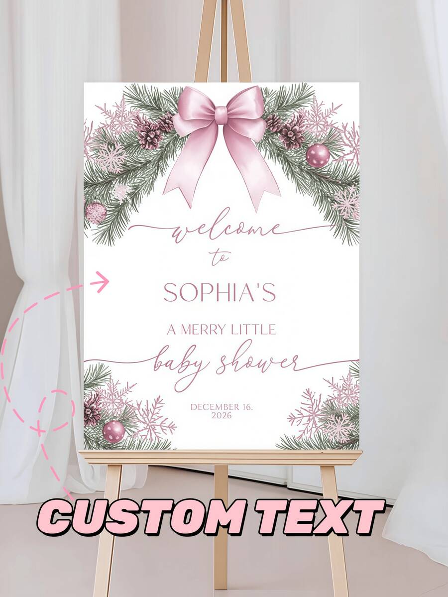 1 Personalized Pink Christmas Baby Shower Welcome Poster, Christmas Welcome Sign, Pink Pine Tree And Snowflake, Back To School