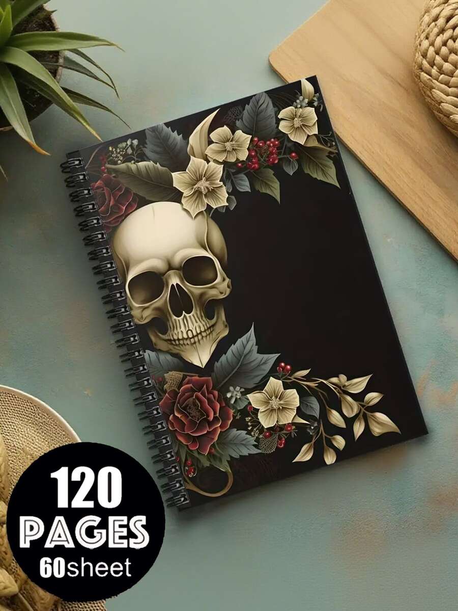 120页哥特式螺旋笔记本/日记本 - 神奇办公用品，黑色底，饰以花卉骷髅图案，是旅行、日常写作和哥特式神秘笔记的理想之选，送给少女的完美礼物，哥特风格日记本 | 骷髅花卉图案 | 螺旋装订，返校必备 - 彩色 - 查看 1