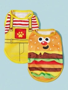 2件套宠物狗/猫卡通汉堡图案吊带+透气降温背心，适用于猫狗 - 彩色 - 查看 11