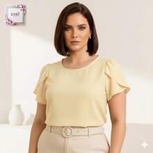 Women's Social Plus Size Blouse Elegant Short Sleeve Modern Duna Fabric GG G1 G2 G3 Summer Work - 奶油黃 - 查看 9