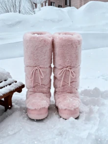 Women's Faux Fur Knee High Boots  Fuzzy Fluffy Furry Snow Boots Round Toe With Lace-Up Design Cute Warm Suitable For Christmas Halloween And Winter - Pink 1 - View 4