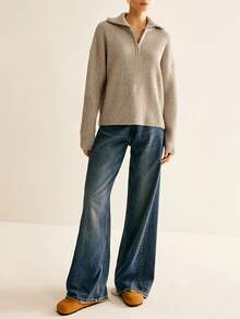 Autumn/Winter Women's Elegant Casual Knit Pullover, Solid Color Minimalist Sweater, Fashionable Commuter Half-Zip Collar Knit Top, Elegant Slouchy Style, Women's Streetwear - Camel - View 5