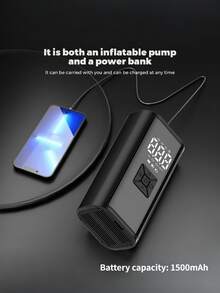 1 pieza Compresor de aire portátil para automóvil con apagado automático y luz LED, infla rápidamente neumáticos para automóviles, bicicletas, motocicletas, balones, también funciona como banco de energía - Negro - Ver 3