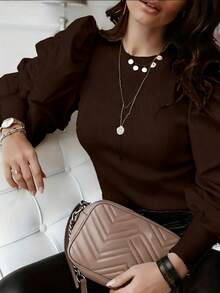Women's Crew Neck Fitted Puff Sleeve Patchwork Tops Spring - Coffee Brown - View 3