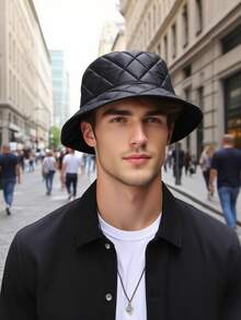 Casual PU Leather Bucket Hat For Women, Solid Color Minimalist Design, Suitable For Outdoor/Sun Protection Winter Hat Accessories For Winter