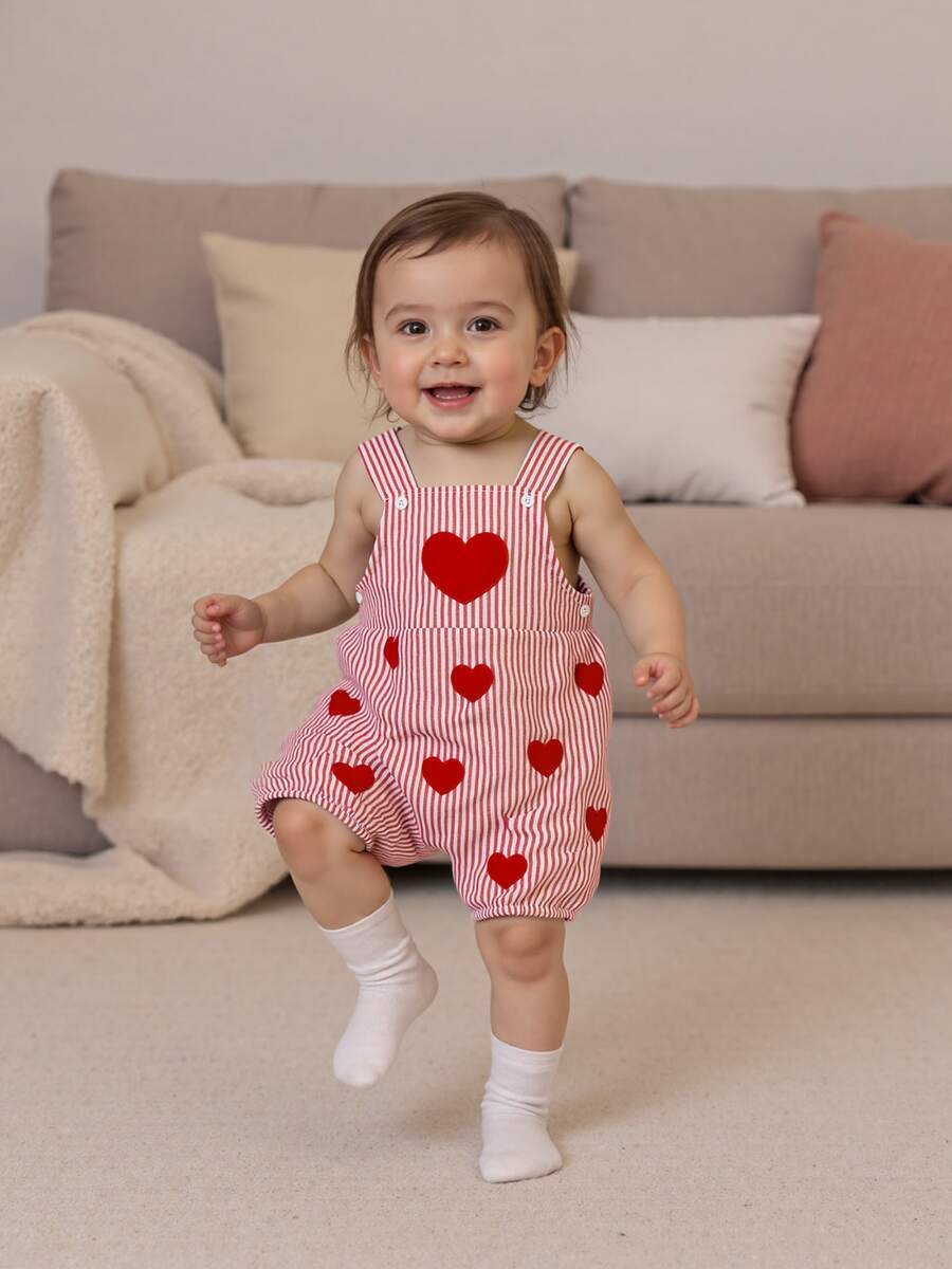 Mono de rayas para bebé con bordado de corazón rojo para San Valentín, mono infantil sin mangas para recién nacido - Rojo - Ver 1