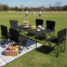 Foldable Picnic Table & Chairs Set With Durable X-Frame, Perfect For Christmas Outdoor Dining, Backyard Camping & Family Holiday Gatherings - Lightweight Portable Folding Furniture For Festive Occasions (1 Table + 6 Chairs) - Black - View 1