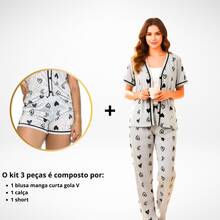 Women's 3-Piece Pajama Set American Shirt Buttons + Pants + Shorts Comfort Mesh Breastfeeding Cold And Heat Summer And Winter 3 In 1 - 灰色 - 查看 2