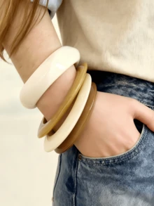 4pcs/Set Fashion Casual Women Stacking Bracelets, Elegant High-End Jewelry Accessories, Bohemian Stacking Bracelet Set, Casual Party Outfit Jewelry Accessories, Versatile Beige Bracelet Daily Commute Jewelry Accessories - Casual Temperament Style - View 2