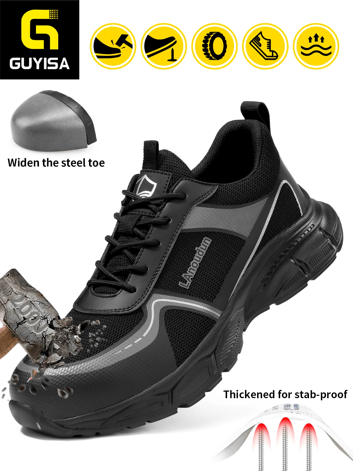 GUYISA 蓝鸥专业安全鞋，欧盟标准钢头防砸防刺穿，轻便耐用，时尚男士工作防护鞋，适合工作和通勤 - 黑色 - 查看 1