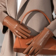 Echtlederhandschuhe für Damen im Winter mit Samt und verdicktem Touchscreen, um beim Fahren und Reiten warm zu bleiben, einfach und modisch, winddicht und kältebeständig - Kamelfarben - Übersicht 3