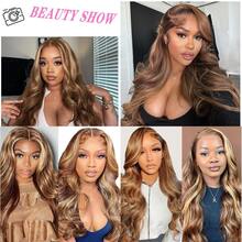 Hidden Strap 360 Body Wave Lace Front Wigs Human Hair 250% Density Drawstring Honey Blonde Body Wave Human Hair Wig 13x4 HD 4/27 Highlight Lace Front Wigs Brazilian Ombre Colored Human Hair Wig For Women - S4/27 - 查看 6