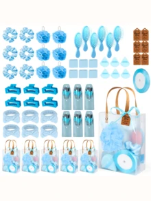 6 Sets Bridal Shower Prizes For Winners - Wedding Shower Favors Gift Set Includes Headband, Hair Brush, Compact Mirror, Bath Sponges, Powder Puff, Hair Tie Claw, Makeup Brushes With Gift Bag - Blue Or Pink - 藍色 - 查看 7