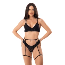 Conjunto Lingerie de Renda Sensual Sem Aro Com Tiras  Simples    Renda    Bordado    Conjuntos  Verão - Preto - Visão 2