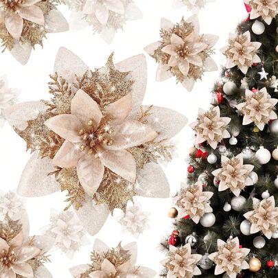 1/10/20pcs Poinsettia Artificial Flowers For Christmas, Fake Christmas Tree Branches Decor, Home Decoration, Floral Decor, Party, Wreath, New Year Outdoor Decoration