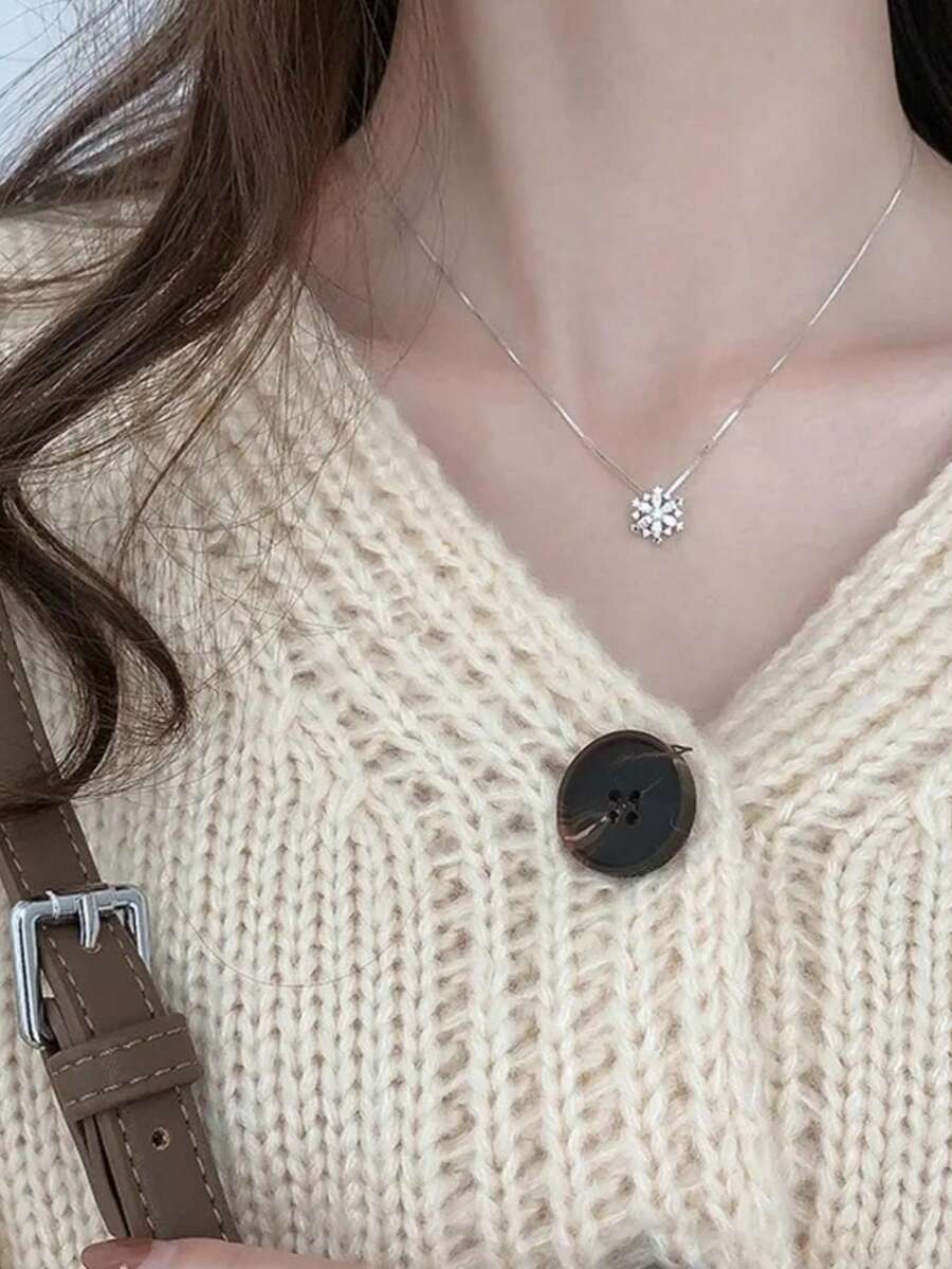 女士雪花项链,精致设计,时尚风格,轻盈奢华优雅,百搭吊坠锁骨链 - 白K - 查看 1
