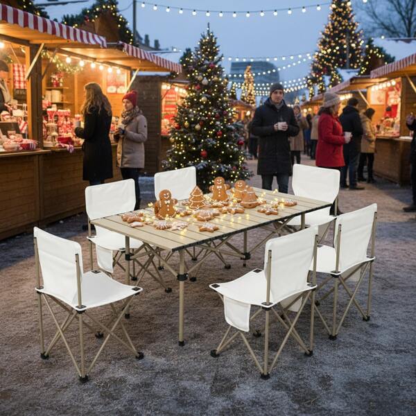Juego plegable de mesa de picnic y sillas con estructura en X duradera, perfecto para cenas navideñas al aire libre, campamentos en el patio trasero y reuniones familiares festivas - Muebles plegables portátiles y ligeros para ocasiones festivas (1 mesa + 6 sillas)