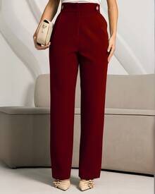 Women's Pants/Tailored Pants/Basic Pants/Elegant Pants/Skinny Pants/Pocket Zipper Button - 酒紅色 - 查看 2