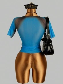 Summer Fashion Cropped Graphic Tee, Vintage Print Mesh Overlay Crop Top For Nightclub Casual - Blue - View 6