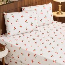 Premium Printed Fitted Sheet Set With Elastic + Pillowcases, 200 Thread Count, Single, Full, Queen And King Sizes, Hypoallergenic - 櫻桃 - 查看 5
