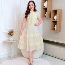 Women's Midi Chiffon Dress With Elegant Ruffle For Wedding Party - Amarillo - Ver 1