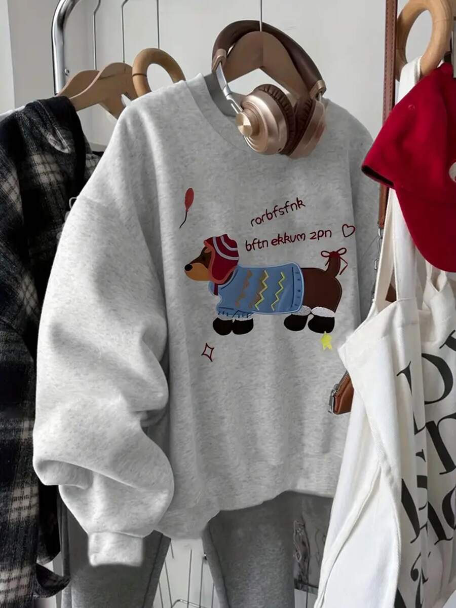 Autumn Casual Loose Fit Crew Neck Sweatshirt For Women, Cartoon Dachshund Print, Grey - Gray - View 1