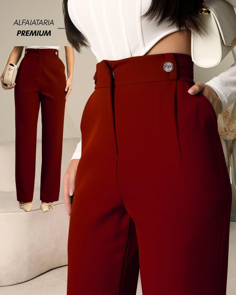 Women's Pants/Tailored Pants/Basic Pants/Elegant Pants/Skinny Pants/Pocket Zipper Button - 酒紅色 - 查看 1