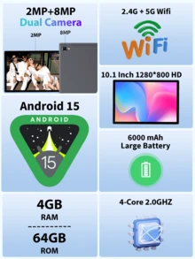 Relndoo 2025 Tablet Android 15, 10.1 Inch Tablet PC, RK3562 Quad-Core 2.0 GHz, (4GB+8GB) RAM+64GB ROM, 2MP+8MP Dual Camera, 1280*800px HD Touchscreen, 6000mAh Battery, Type C, Supports 1TB SD Expansion, 802.11n Wifi 2.4G/5G Wireless, GPS, Certified Tablets (No Adapter)