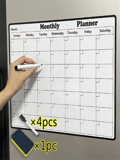 1 pieza Pizarra blanca magnética con 4 marcadores para pizarra blanca, pizarra blanca con estilo de imán de nevera con diseño de calendario semanal y mensual, ideal para la organización del hogar o la cocina, incluye calendario