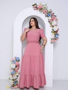 Long Loose Party Dress With Short Sleeves And V-Neckline - Rosa Oxidada - Ver 3